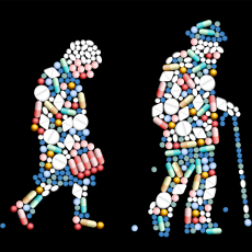 Two silhouettes of an older man with a cane and an older woman, made up of pills